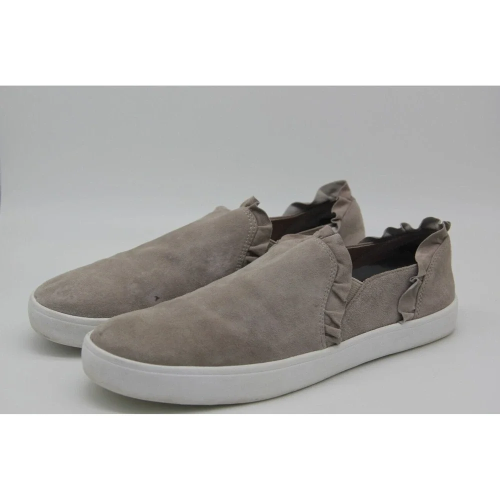 Kate Spade Lillie Loafers Womens 8M Gray Ruffle Leather Suede Gold Logo Casual
